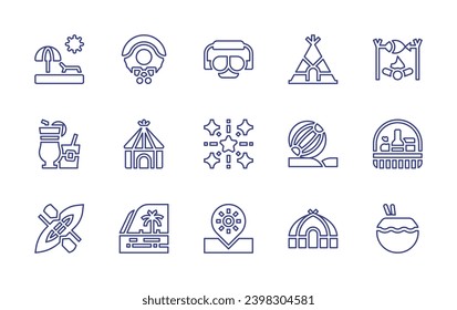 Holiday line icon set. Editable stroke. Vector illustration. Containing sunbathing, christmas wreath, cocktail, hut, canoeing, palm tree, diving mask, fireworks, location, tent, cooking, beach ball.