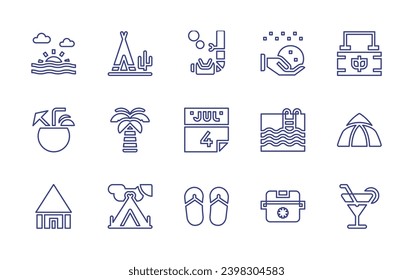 Holiday line icon set. Editable stroke. Vector illustration. Containing sunset, wigwam, coconut drink, palm tree, house, tent, snorkeling, th of july, flip flops, snowball, basket, swimming pool.