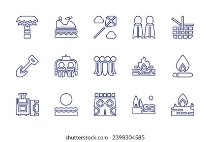 Holiday line icon set. Editable stroke. Vector illustration. Containing palm tree, jet ski, shovel, ski lift, luggage, sunrise, kite, hawaiian skirt, swimsuit, fins, picnic basket, bonfire, surf.