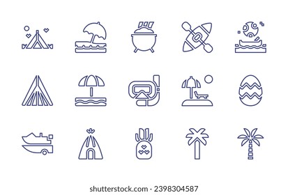 Holiday line icon set. Editable stroke. Vector illustration. Containing tent, beach, trailer, gold pot, snorkel, pineapple, kayak, mid autumn festival, decorative, palm tree, coconut tree.