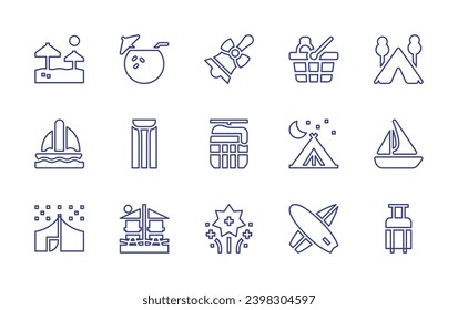Holiday line icon set. Editable stroke. Vector illustration. Containing beach, coconut, sailboat, mat, tent, christmas bell, cable car, fireworks, picnic basket, camping tent, boat, surf board.