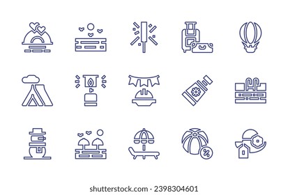 Holiday line icon set. Editable stroke. Vector illustration. Containing sunset, sea, tent, gas, snowman, beach, sun cream, pool, beach ball, pamela, sparkler, labour day, sunbed, luggage, hot air ball
