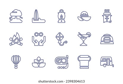 Holiday line icon set. Editable stroke. Vector illustration. Containing surfboard, all inclusive, spa, tree, campfire, hot air balloon, pamela hat, barbecue, cocktail, camping tent, towel, caravan.