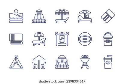 Holiday line icon set. Editable stroke. Vector illustration. Containing aqua park, deck chair, deck, tent, beach, towel, sunbed, mattress, beach ball, sand bucket, barbecue, soda, cooking, stilt house