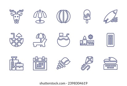 Holiday line icon set. Editable stroke. Vector illustration. Containing beach umbrella, sunbed, holidays, reindeer, cocktail, suitcase, popsicle stick, surf, surfboard, floating bed, kite, jet ski.