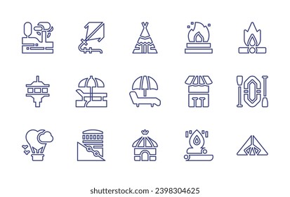 Holiday line icon set. Editable stroke. Vector illustration. Containing kite, beach, funicular, trees, control tower, hot air balloon, bonfire, bar, boat, camping tent, teepee, lounge chair, bungalow.