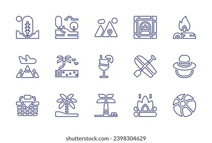 Conjunto de iconos de línea de vacaciones. Trazo editable. Ilustración vectorial. Consta de árboles, jungla, naturaleza, viajes, playa, cóctel, picnic, palmera, retrato, hoguera, pádel, sombrero, bola de playa.