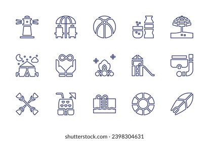 Holiday line icon set. Editable stroke. Vector illustration. Containing vacation, all inclusive, architecture, camping tent, rafting, soft drink, sun umbrella, slice, snorkel, rubber ring, surfboard.