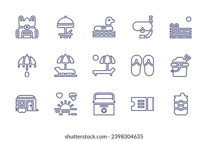 Holiday line icon set. Editable stroke. Vector illustration. Containing sun umbrella, sunbed, sunset, backpack, umbrella, caravan, diving mask, swimming pool, sandals, sand bucket, ticket, beer can.