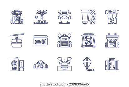 Holiday line icon set. Editable stroke. Vector illustration. Containing backpack, island, snowman, cable car, member card, passport, tent, sunset, shirt, travel, sun cream, bonfire, kite.