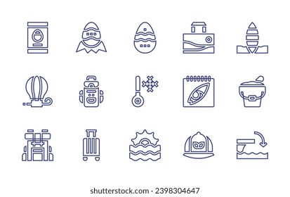 Holiday line icon set. Editable stroke. Vector illustration. Containing smartphone, easter egg, hot air balloon, backpack, cold, travel, sunset, surfboard, sand bucket, trampoline, bag, calendar, cap.