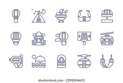 Holiday line icon set. Editable stroke. Vector illustration. Containing hot air balloon, tent, ice cream, backpack, dive, beach, sleeping bag, sunglasses, selfie, cableway, cable car, hammock.