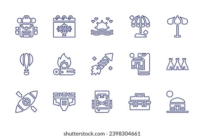 Holiday line icon set. Editable stroke. Vector illustration. Containing backpack, chinese new year, sunrise, hot air balloon, bonfire, firecracker, kayak, harness, beach umbrella, vacations, tackle.