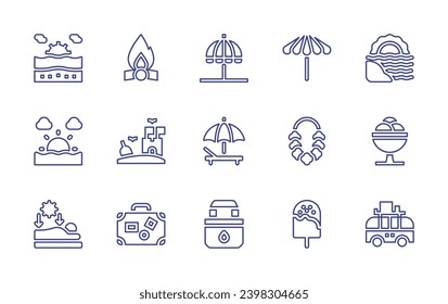 Holiday line icon set. Editable stroke. Vector illustration. Containing sun umbrella, beach, necklace, ice cream, popsicle, van, bonfire, beach umbrella, sand castle, travel bag, tote bag, tanning.