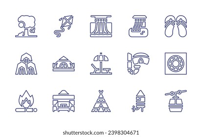 Conjunto de iconos de línea de vacaciones. Trazo editable. Ilustración vectorial. Con cometa, parque acuático, carpa, sombrilla, cabaña de playa, tepee, árbol, campamento, hoguera, tobogán, chanclas, máscara de buceo, salvavidas.