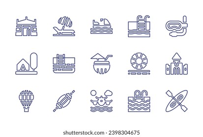 Holiday line icon set. Editable stroke. Vector illustration. Containing swimming pool, coconut drink, hammock, flying, tent, camping, hot air balloon, pool, dive, beach ball, castle, rafting, beach.