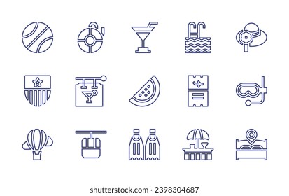 Holiday line icon set. Editable stroke. Vector illustration. Containing swimming, pamela, boarding pass, diving mask, beach bar, hotel bed, life preserver, pub, funicular, cocktail, watermelon, fins.