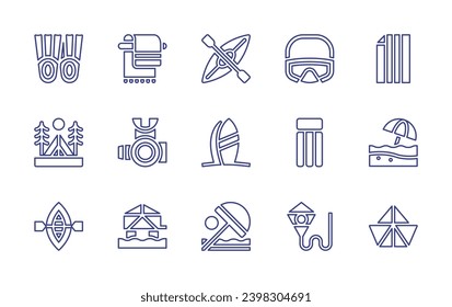 Holiday line icon set. Editable stroke. Vector illustration. Containing towel, kayak, regulator, surfing, cabin, beach, flippers, tent, diving goggles, beach towel, floating bed, umbrella, kite.