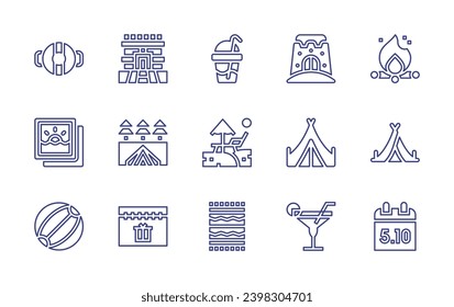 Holiday line icon set. Editable stroke. Vector illustration. Containing float, milkshake, picture, sunbed, beach ball, towel, pyramid of the magician, camping, calendar, sand castle, tent, cocktail.