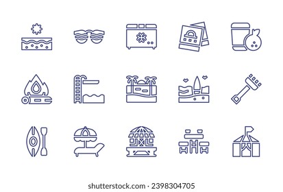 Holiday line icon set. Editable stroke. Vector illustration. Containing sun glasses, trampoline, deck chair, canoe, sun, bonfire, photo, orange juice, surfboard, rake, table, circus tent, freezer.