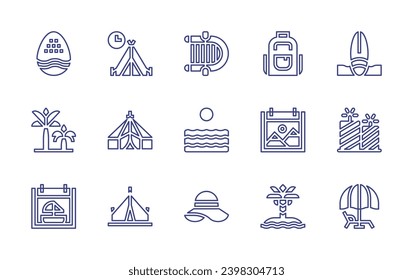 Holiday line icon set. Editable stroke. Vector illustration. Containing easter egg, camping tent, inflatable boat, backpack, palm tree, tent, sea, nature, sailing, camping, hat, palm, surfboard.