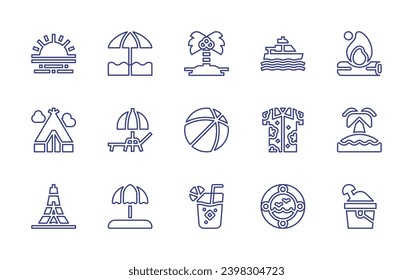Holiday line icon set. Editable stroke. Vector illustration. Containing beach, beach umbrella, sun umbrella, sunset, tent, eiffel tower, ship, bonfire, hawaiian shirt, island, window, bucket, beach.