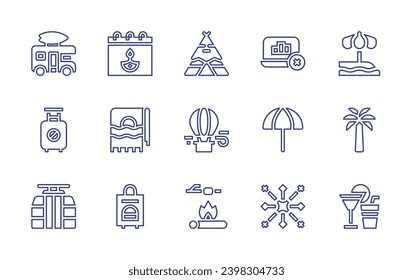 Holiday line icon set. Editable stroke. Vector illustration. Containing van, diwali, tent, no travelling, towel, hot air balloon, cable car, travel, marshmallow, work, beach umbrella, fireworks, beach