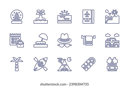Holiday line icon set. Editable stroke. Vector illustration. Containing oasis, jeep, backpack, snowball, island, sunset, ticket, suitcase, hat, towel, palm tree, kayak, tent, sleeping bag.