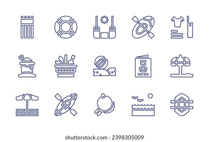 Holiday line icon set. Editable stroke. Vector illustration. Containing air mattress, hammock, sand bucket, beach ball, sun umbrella, racket, lifebuoy, picnic, kayak, canoe, packing, gift card.