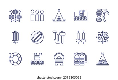 Holiday line icon set. Editable stroke. Vector illustration. Containing swimming, ice axe, candles, fireworks, ball, oxygen tank, tipi, swimming pool, camping tent, chinese lantern, hammer, floater.