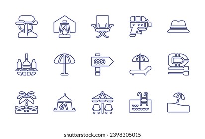 Holiday line icon set. Editable stroke. Vector illustration. Containing camp, sun umbrella, tent, tree, gift basket, beach, water gun, hat, boat, swimming pool, camp chair, egg hunt, sunbathing.