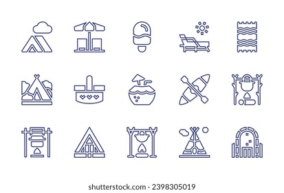 Holiday line icon set. Editable stroke. Vector illustration. Containing lounger, beach towel, beach, kayak, cooking, basket, tipi, ice hotel, tent, ice cream, coconut drink, cook.