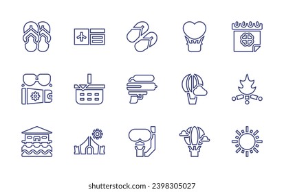 Conjunto de iconos de línea de vacaciones. Trazo editable. Ilustración vectorial. Con globo de aire caliente, día de santo patricks, tarjeta de embarque, fogata, canasta de picnic, sol, carpa de campamento, chanclas, crema de sol, pistola de agua.