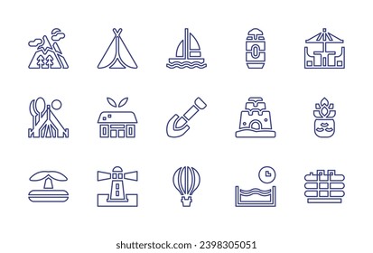 Holiday line icon set. Editable stroke. Vector illustration. Containing mountains, tent, sailing boat, camp, eco hotel, shovel, swimming pool, lighthouse, air balloon, table, beer can, pineapple.