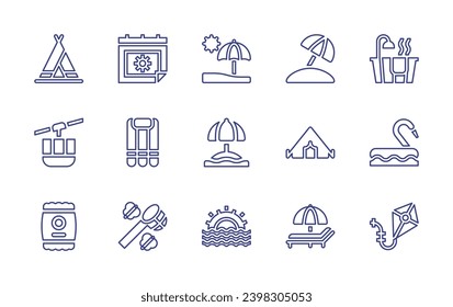 Holiday line icon set. Editable stroke. Vector illustration. Containing beach, bath, camping tent, flamingo, sunbed, kite, summer, air mattress, butterfly net, tent, cableway, potato chips, umbrella.