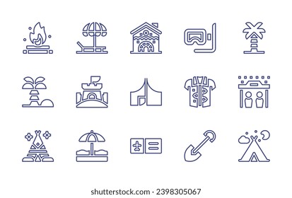 Holiday line icon set. Editable stroke. Vector illustration. Containing palm tree, shelter, tent, bonfire, sunbed, gingerbread house, coconut tree, sand castle, tool, tipi, beach, boarding pass.