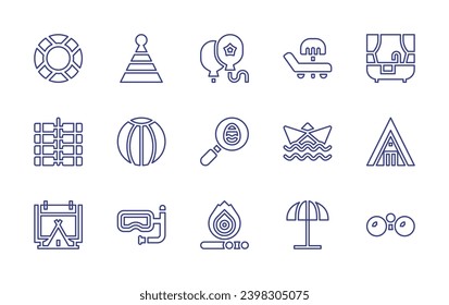 Holiday line icon set. Editable stroke. Vector illustration. Containing sunbed, bathtub, party hat, boat, camping, ball, beach, binoculars, snorkel, life ring, balloons, firecracker, search, bonfire.