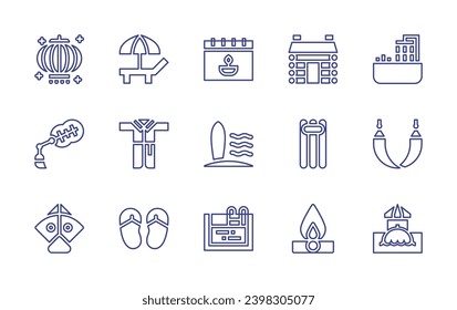 Holiday line icon set. Editable stroke. Vector illustration. Containing cabin, bathtub, beach, floating, hammock, bathrobe, fire, bar, flip flops, chinese lantern, calendar, fan, surfboard, kite.