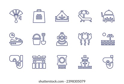 Conjunto de iconos de línea de vacaciones. Trazo editable. Ilustración vectorial. Con lecho de sol, servicio de habitaciones, bolsa de regalo, globos, cubo, barco, buceo libre, parque acuático, ventilador, carpa de campamento, moto acuática, traje de buceo, buceo libre