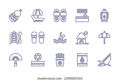 Holiday line icon set. Editable stroke. Vector illustration. Containing front desk, lantern, hammock, cabin, umbrella, slippers, matchbox, beach chair, beach ball, calabash, sandals, lifeboat, swim.