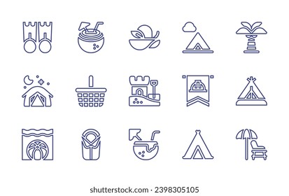 Holiday line icon set. Editable stroke. Vector illustration. Containing tent, palm, coconut drink, banderole, picnic basket, lifeguard chair, sleeping bag, flippers, pamela hat, sand castle, beach.