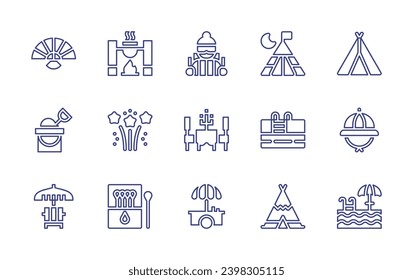 Holiday line icon set. Editable stroke. Vector illustration. Containing tent, swimming pool, explorer hat, teepee, fan, sand bucket, sunbed, pot on fire, hiking, fireworks, restaurant, matches, fair.