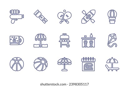 Conjunto de iconos de línea de vacaciones. Trazo editable. Ilustración vectorial. Con kayak, globo de aire caliente, linterna, bar, cometa, paraguas de playa, calendario, lecho de sol, bola de playa, pistola de agua, pádel, música navideña