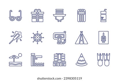 Holiday line icon set. Editable stroke. Vector illustration. Containing inflatable, juice, gift, marquee, greeting card, fireworks, party hat, flipper, trampoline, sun glasses, sun hat, sparkler.