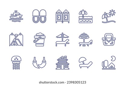 Holiday line icon set. Editable stroke. Vector illustration. Containing beach, sun umbrella, basket, beach umbrella, tent, boat, camping tent, jellyfish, slippers, dressing room, sand bucket, sunbed.
