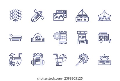 Holiday line icon set. Editable stroke. Vector illustration. Containing sailboat, tent, canoeing, backpack, caravan, camping tent, sparkler, beach sunset, firecrackers, postcard, hammock, beach towel.