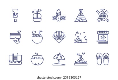 Holiday line icon set. Editable stroke. Vector illustration. Containing tent, disco ball, cable car cabin, calendar, coconut, camping tent, flip flops, coconut drink, popsicle, surf, diving mask, fan.