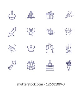 Holiday line icon set. Ornament, dessert, gifts, wine. Celebration concept. Can be used for topics like birthday party, wedding, new year