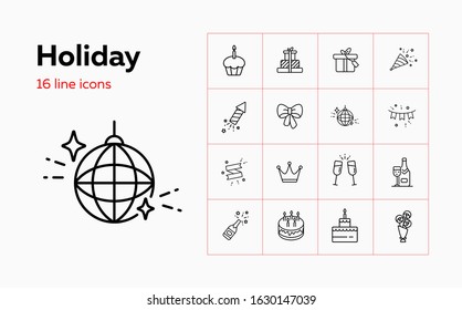 Holiday line icon set. Ornament, dessert, gifts, wine. Celebration concept. Can be used for topics like birthday party, wedding, new year