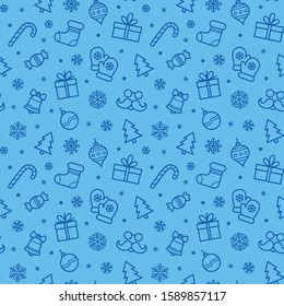 Holiday linear seamless pattern with Christmas and New Year elements.